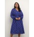 Kaffe Curve KCkrista Dress - Blå kjole med limegrønt print 10582086 Clematis Blue Flower