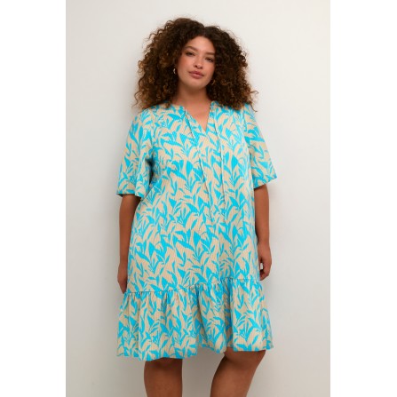 Kaffe Curve KCloren Dress - Turkis/sandfarvet kjole med print 10582323 Blue /Sand Graphic