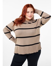 Zizzi CACARRIE STRIPE L/S PULLOVER - Beige/sort stribet strikbluse CA61099L Dessert Taupe Comb