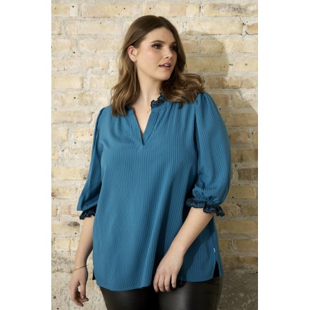 Zhenzi Caya 499-Blouse 3/4 - Petrol stribet bluse med broderi 200499 Black