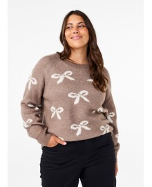 Zizzi CABOWY, L/S PULLOVER - Beige strik med sløjfe CA61295B Walnut Birch Combi