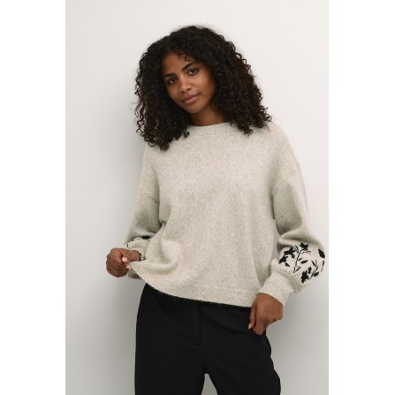 Kaffe KAlisette Knit Pullover - Sandfarvet strik med broderi 10509064 Feather Gray Melange