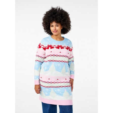 Zizzi MCHRIS L/S DRESS - Strikkjole med julemotiv M61357B Cerulean Comb