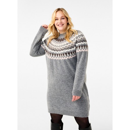 Zizzi MOLIVIA L/S DRESS - Grå strikkjole M61370B Medium Grey Comb