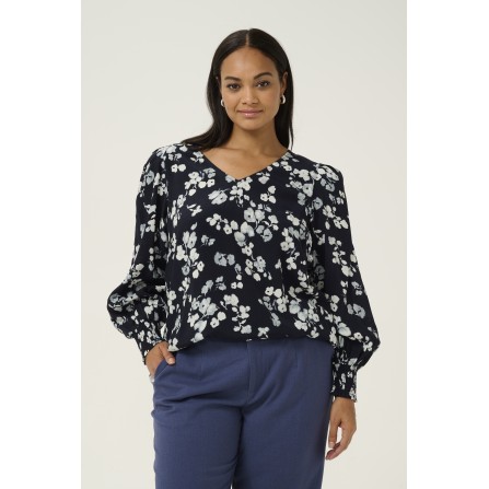 Kaffe Curve KCalicia Blouse - Blå printet skjorte 10582850 Marine Flower