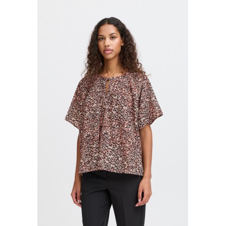 ICHI IHSAFARY SS - Brun/rosa/navy leopard bluse 20122346 Brown Leopard aop