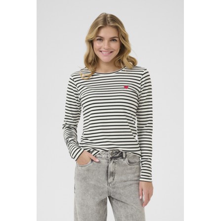 Kaffe Liddy T-shirt - Stribet T-shirt 10502821 Chalk/Black Pink heart