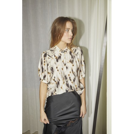 Co' Couture ElisaCC SS Shirt - Sort/gul printet bluse 35823 Bone