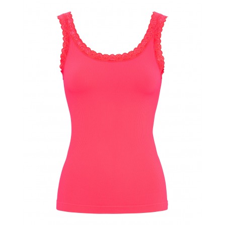 Tim&Simonsen Frida Rib Top - Neon Coral rib top med blonde 217 Scarletto