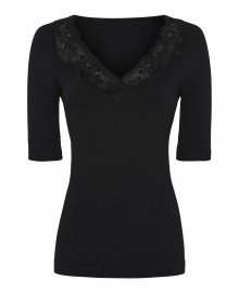 Tim&Simonsen Belen rib v-lace Top SS - Sort top med blondekant og v-hals TS1MM921 Nero