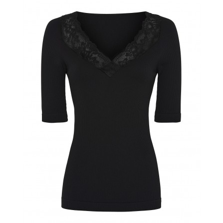 Tim&Simonsen Belen rib v-lace Top SS - Sort top med blondekant og v-hals TS1MM921 Nero