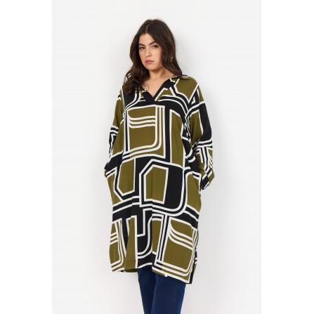 Wasabi WA-NATALIE 3 - Grøn printet tunika W10513 Dark Olive Combi