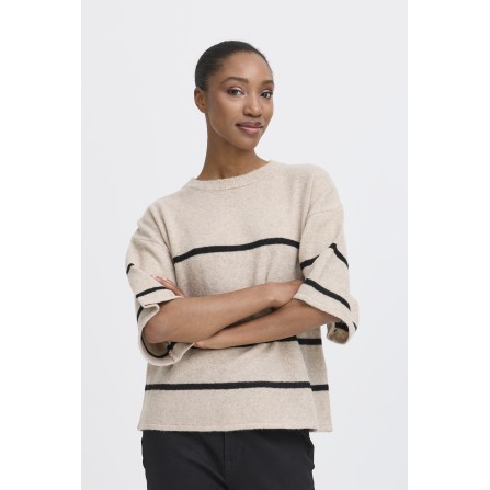 ICHI IHDASILA SS - Beige/Sort stribet strik 20124214 Oatmeal W. Meteorite Stripe