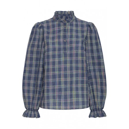 Pulz PZSHELLY LS Blouse - Blå ternet bluse 50210340 Dark Sapphire