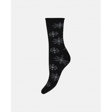 Decoy Cosy X-MAS socks - Sort strømpe med sølv isblomster 9-21510-75