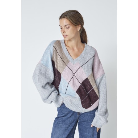 Co'Couture MajaCC Check v-knit - Grå strik med harlekin 32218 Mid Grey