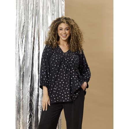 Zhenzi Zh-Vela 1128-Blouse 3/4 - Sort bluse med sølv prikker 201128 Black