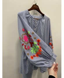 Marta MdcAleta Shirt - Blå stribet skjorte med neon kontrast 268191Stripe