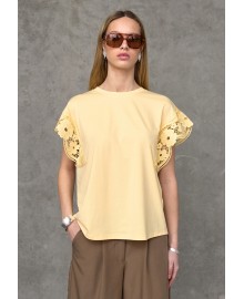 Love&Divine Love1517 T-shirts - Gul t-shirt med blonde ærme 19723 Straw