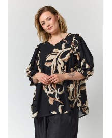 Gozzip GMalou Blouse - Sort bluse med blad print G266057 Black with offwhite brown leaves