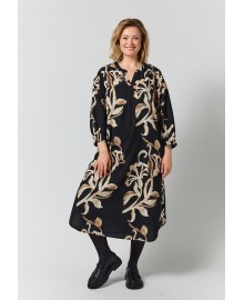 Gozzip GValdis Dress - Sort kjole med print G266058 Black with offwhite brown leaves